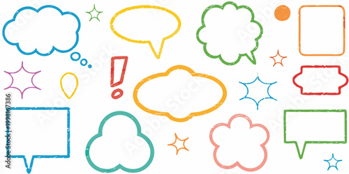 Colorful speech bubbles and shapes hand drawn style isolated on white