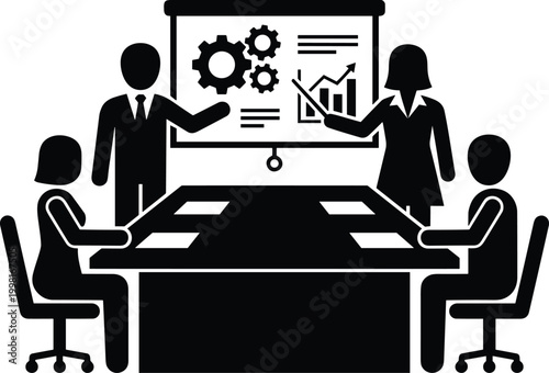 Business meeting silhouette with team presentation on screen, corporate discussion concept, office teamwork collaboration, minimal vector illustration for management, strategy 