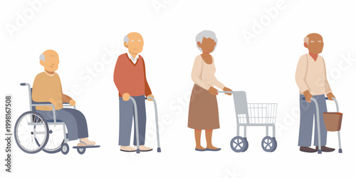 Diverse group of elderly people with mobility aids vector illustration