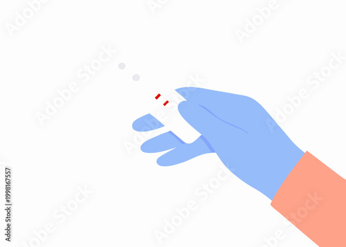 gloved hand holding pills flat vector illustration on white background