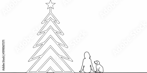 Line drawing of christmas tree with person and dog