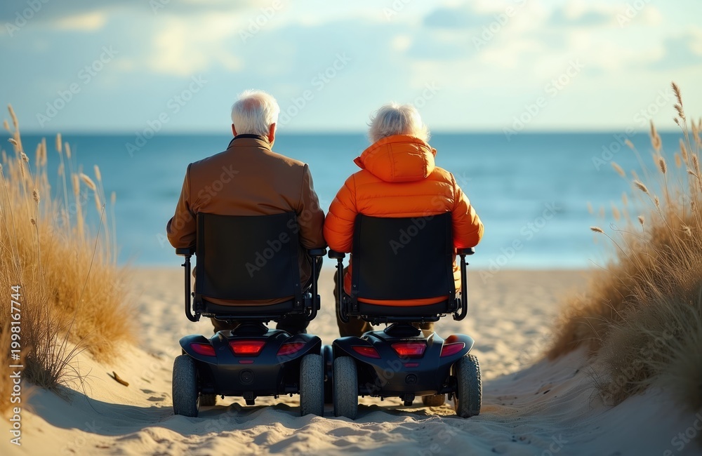 Fototapeta premium Elderly couple enjoys seaside view from mobility scooters. Sit together on sand dune, ocean waves visible, calm sky above. Accessible travel scene promotes active aging, shared experiences in nature.