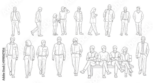 Diverse people line art sketches set, architectural scale figures for CAD drawings and minimalist renderings, vector entourage isolated.