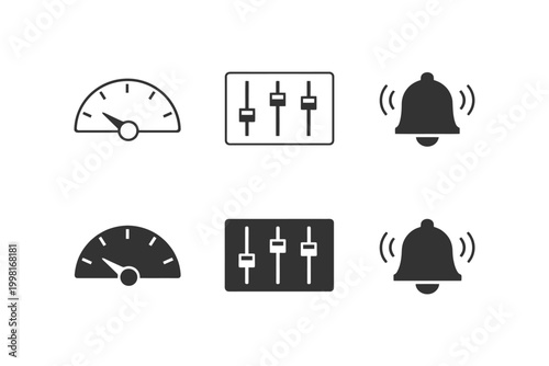 Dashboard and notification icons: speedometer, controls, bell.