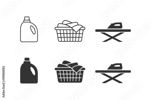 Laundry icons: detergent, basket, ironing board - essential laundry symbols.