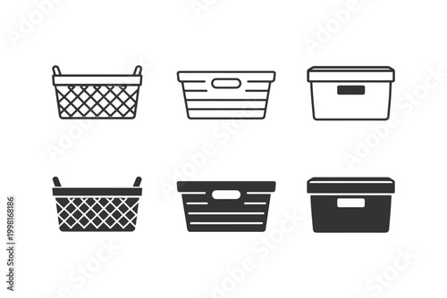 Set of six wireframe and solid storage baskets in various designs.