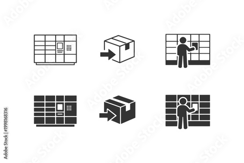 Package locker icons with delivery and collection symbols in black and white.