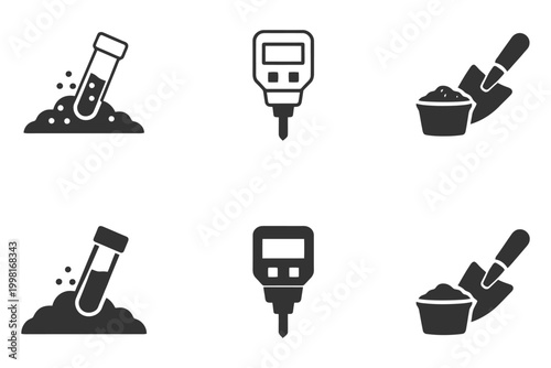 Soil testing tools icons set including test tube, ph meter, and shovel.