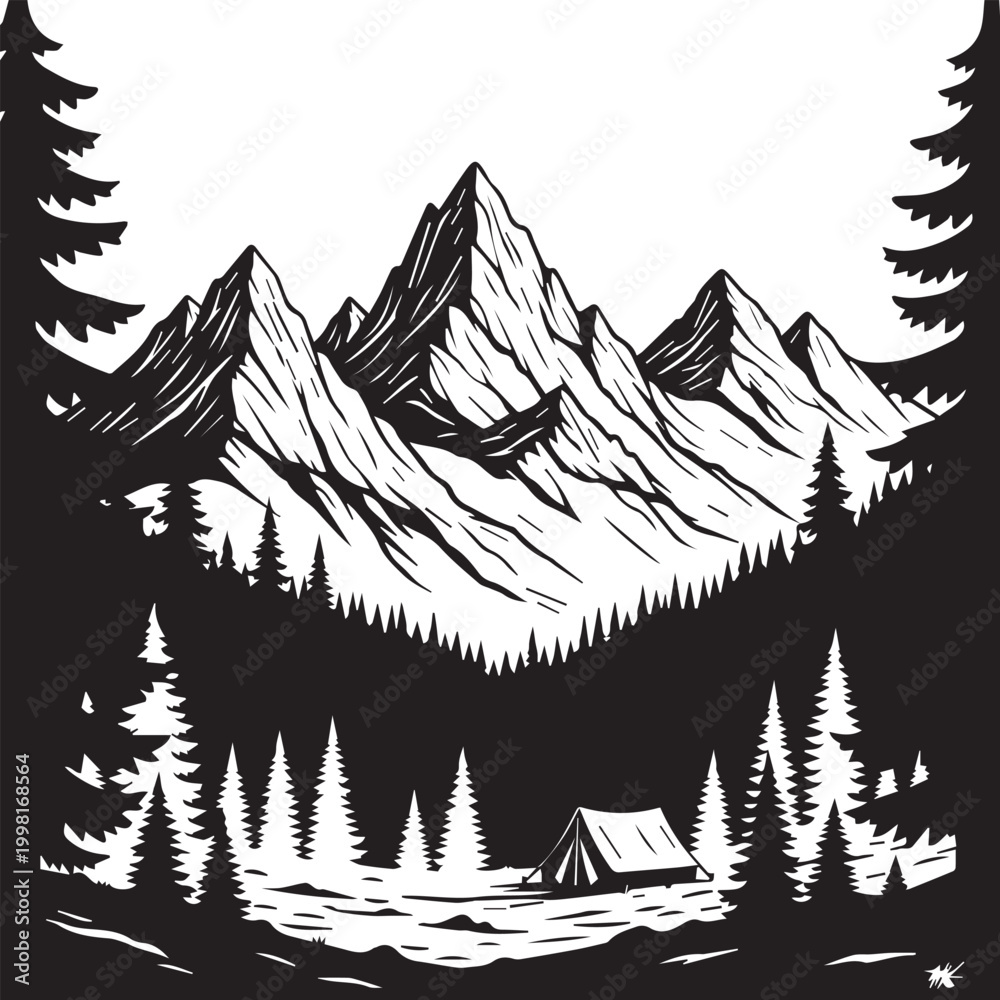 Obraz premium Dramatic mountain landscape with cabin a black and white woodcut illustration