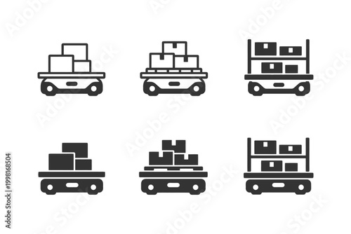 Minimalist icons of automated warehouse robots with cargo in black and white.