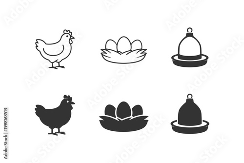 Silhouette icons of chickens, eggs, and chicken feeders.