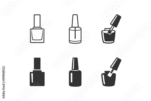 Set of nail polish icons in various styles and application stages.