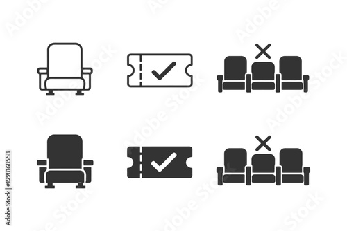 Cinema and theater seating icons with tickets and reserved seats.