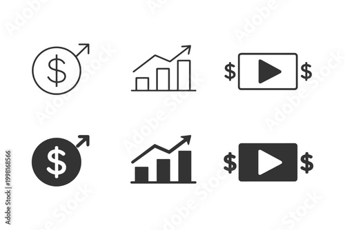 Financial growth symbols: dollar signs, graphs, video monetization icons.