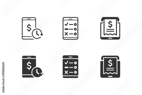 Mobile finance and task management icons for apps and websites.