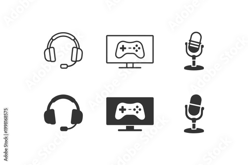 Gaming equipment icons: headset, game controller, microphone.