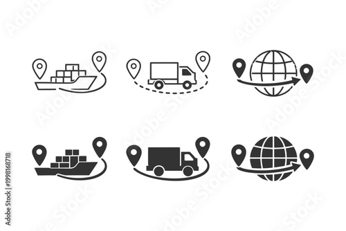 Global logistics icons: ship, truck, globe with location markers.