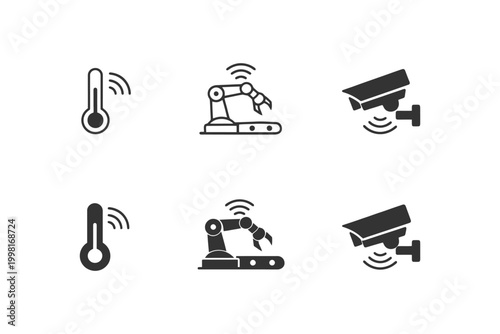 Smart technology icons: thermometer, robotic arm, security camera with wireless signals.