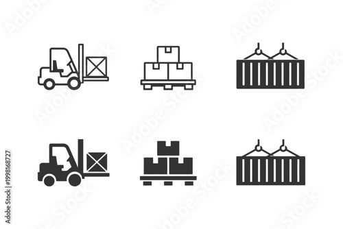 Logistics icons: forklifts, pallets, and containers in minimalist design.
