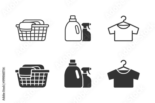 Laundry icons set: basket, detergent bottles, and hanging t-shirt illustrations.