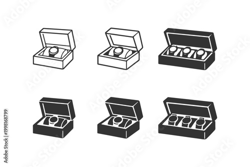 Jewelry box icon set featuring rings in open cases.