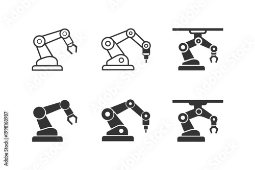 Set of six robotic arms in different positions and angles.