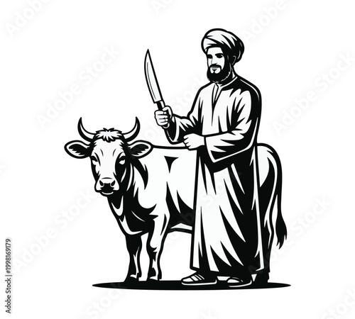 Muslim Butcher with Sacrificial Cow for Eid al-Adha Qurbani Tradition