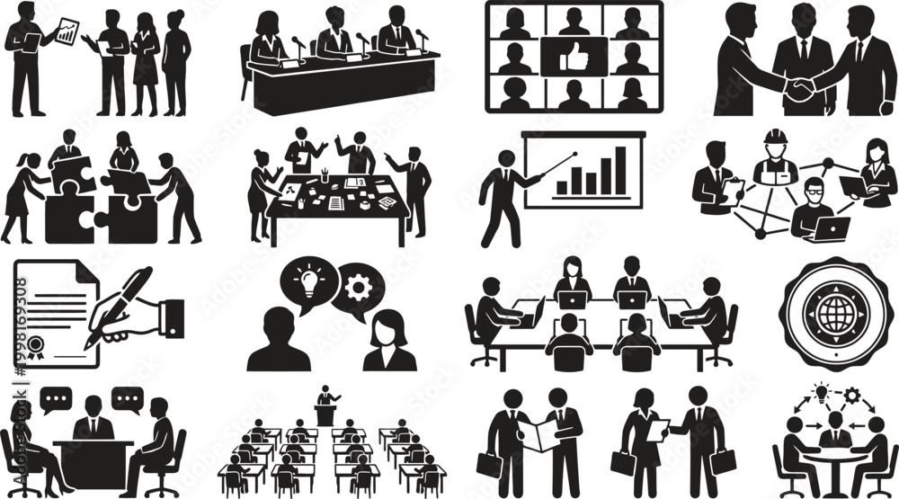Fototapeta premium Business icons set showing teamwork collaboration and meetings