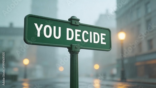 Street sign reading YOU DECIDE in rainy urban setting