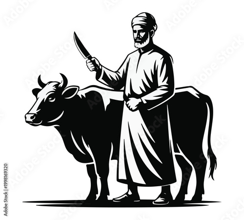 Muslim Butcher with Sacrificial Cow for Eid al-Adha Qurbani Tradition