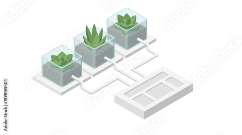 Isometric illustration of plants in cubes connected to a control panel on white