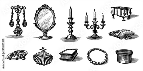Baroque engraved clipart sheet with mirrors candles candelabra and decorative objects for vintage background and design elements