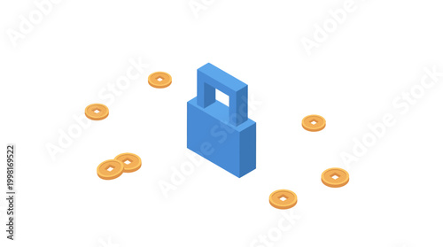 Isometric illustration of a blue padlock with surrounding gold coins on white background
