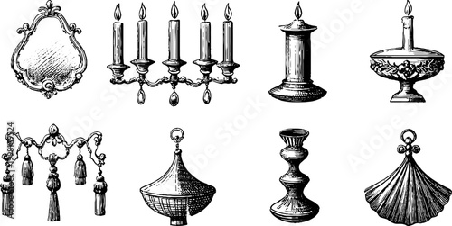 Baroque engraved clipart sheet featuring ornate mirrors multiple candles candlesticks and decorative tassels for vintage design and pattern use