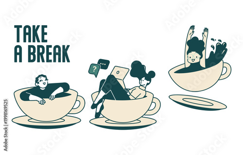 Take a break concept with people relaxing in coffee cups break time tea cup espresso self care personal time mental health recharge enjoyment happiness vacation refreshment beverage