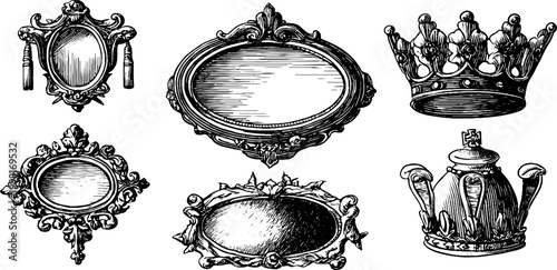 Baroque engraved ornamental frames and crowns with mirrors for vintage decorative background and classical design elements