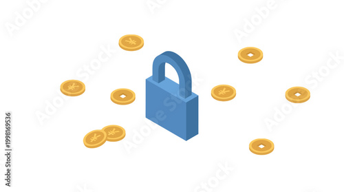 Isometric padlock with gold coins representing security and financial concepts