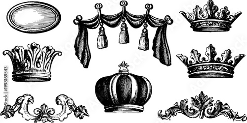 Baroque engraved crowns drapery and ornamental borders for vintage decorative design and classical banner embellishment