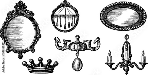 Baroque engraved mirrors tassels chandeliers and crown ornament for vintage decorative elements and classical interior design accents