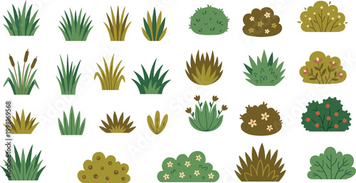 A vibrant set of cartoon-style green grass and bushes illustrations.