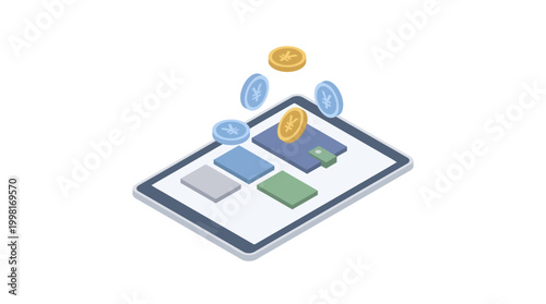 Isometric illustration of digital wallet with coins above tablet screen