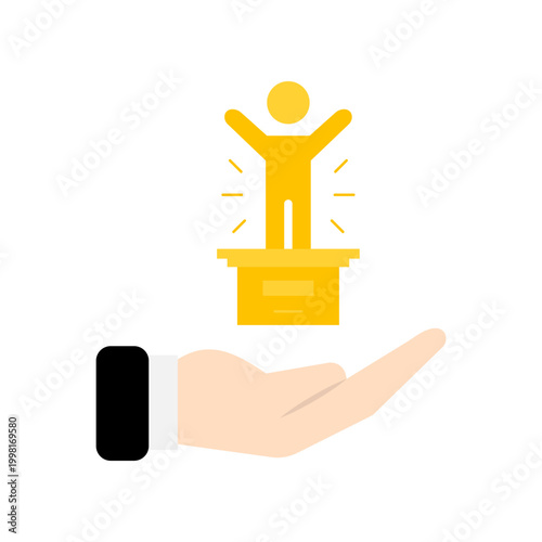 Golden winner statue on hand icon for leadership and success recognition. Human achievement award on pedestal for business goal motivation. Career growth and support sign. Vector EPS 10.