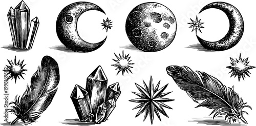 Vintage engraved boho moon and crystal clipart sheet with feathers stars and sun motifs for mystical background and celestial banner design
