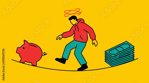 Man balancing on rope with piggy bank and money financial stability concept