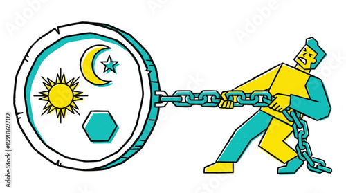 Man struggling with a heavy chain and symbol against a white background