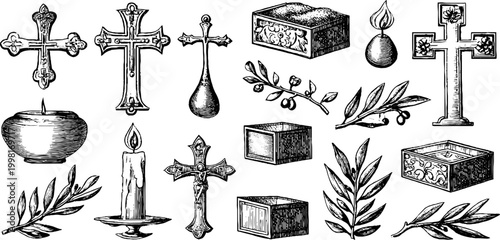 Vintage engraved byzantine crosses and religious ornament sheet with candles olive branches bowls and decorative boxes for design background and historic religious decoration