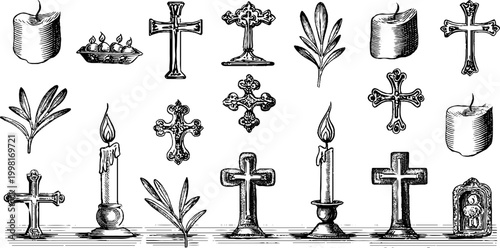 Vintage engraved collection of small byzantine crosses candles and olive leaves in hand drawn style for religious decoration background and design elements