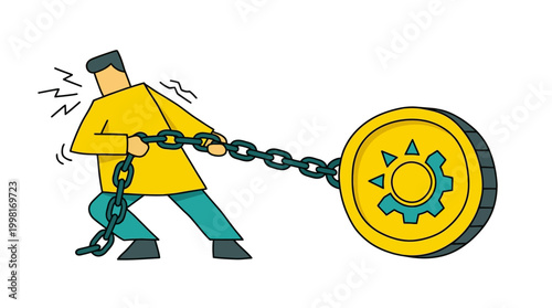 Man struggling to pull a large golden coin representing financial burden and effort