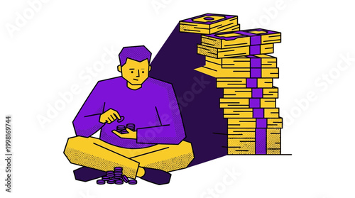 Man counting money next to large stack business concept illustration in vector