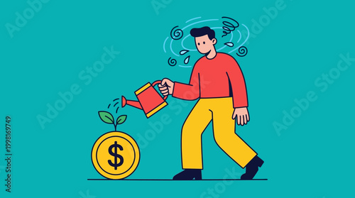 Man watering money plant symbolizing financial growth and investment concept